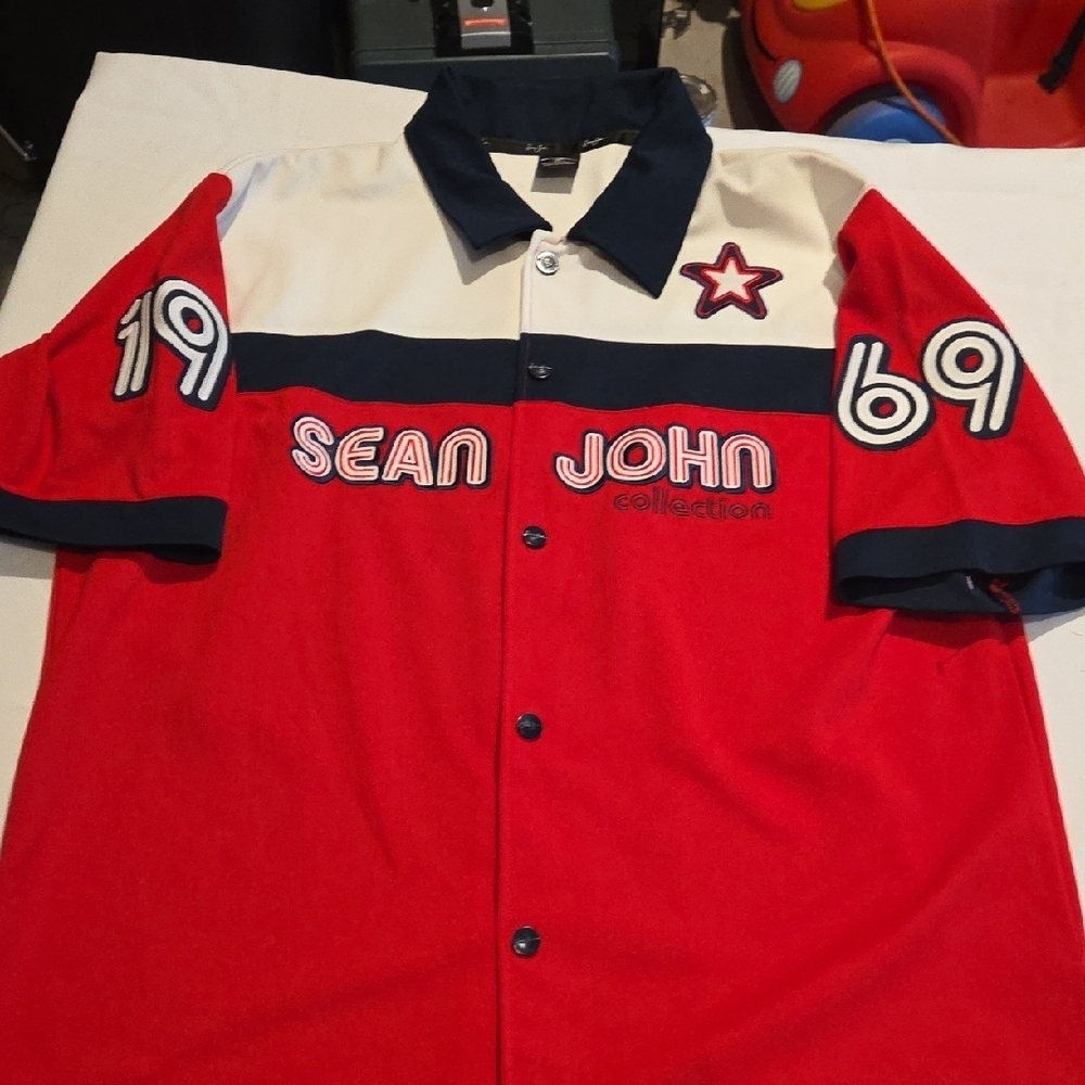 Sean John Red and Cream Casual Shirt